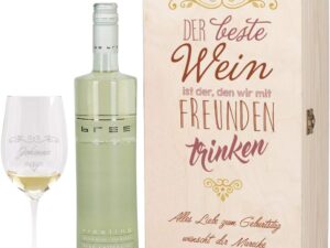 Wein-Präsentkörbe – Herz & Heim® Wein-Geschenkset mit graviertem Weinglas, Bree-Wein zur Auswahl, in Geschenkbox für beste Freunde, weiß