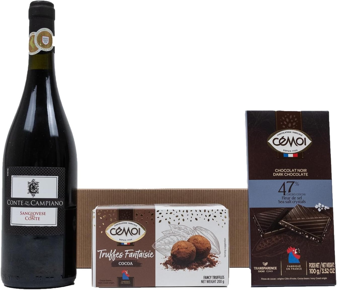 Wein-Präsentkörbe - Der Wine Guys Geschenkkorb „Gaumenfreude“ mit italienischem Rotwein Sangiovese und französischen Schokoladentrüffeln und Milchschokolade als Geschenkset – Bild 2