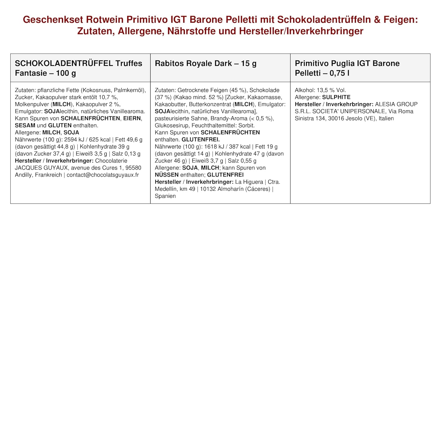Wein-Präsentkörbe - Primitivo Barone Pelletti Rotwein-Geschenkset mit Schokoladentrüffeln & Feigen in Schokolade, Geschenkkorb, Wein & Schokolade, edles Geschenk für Genießer, Männer & Frauen, Geburtstag, Weihnachten – Bild 2