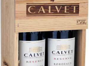 Wein-Präsentkörbe – Calvet – Weingeschenk 2 Flaschen Rotwein Réserve Bordeaux in Holzkiste (2 x 0,75 L)