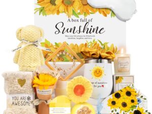 Geburtstags-Präsentkörbe – Geburtstagsgeschenke für Frauen, Sonnenblumen-Selbstpflegepaket, Geschenk für Freundin zum Geburtstag, Genesungsgeschenke für Frauen, Schwester, Mutter, beste Freunde, einzigartiger Entspannungs-Spa-Korb