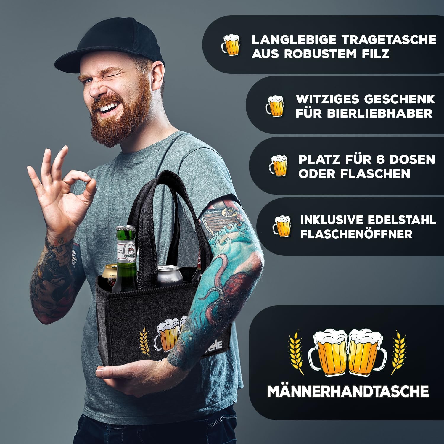 Bier-Präsentkörbe - Witzige Herrenhandtasche mit Flaschenöffner, Tragetasche aus hochwertigem Filz für 6 Bierflaschen, Bier-Herrenhandtasche in Grau – Bild 3