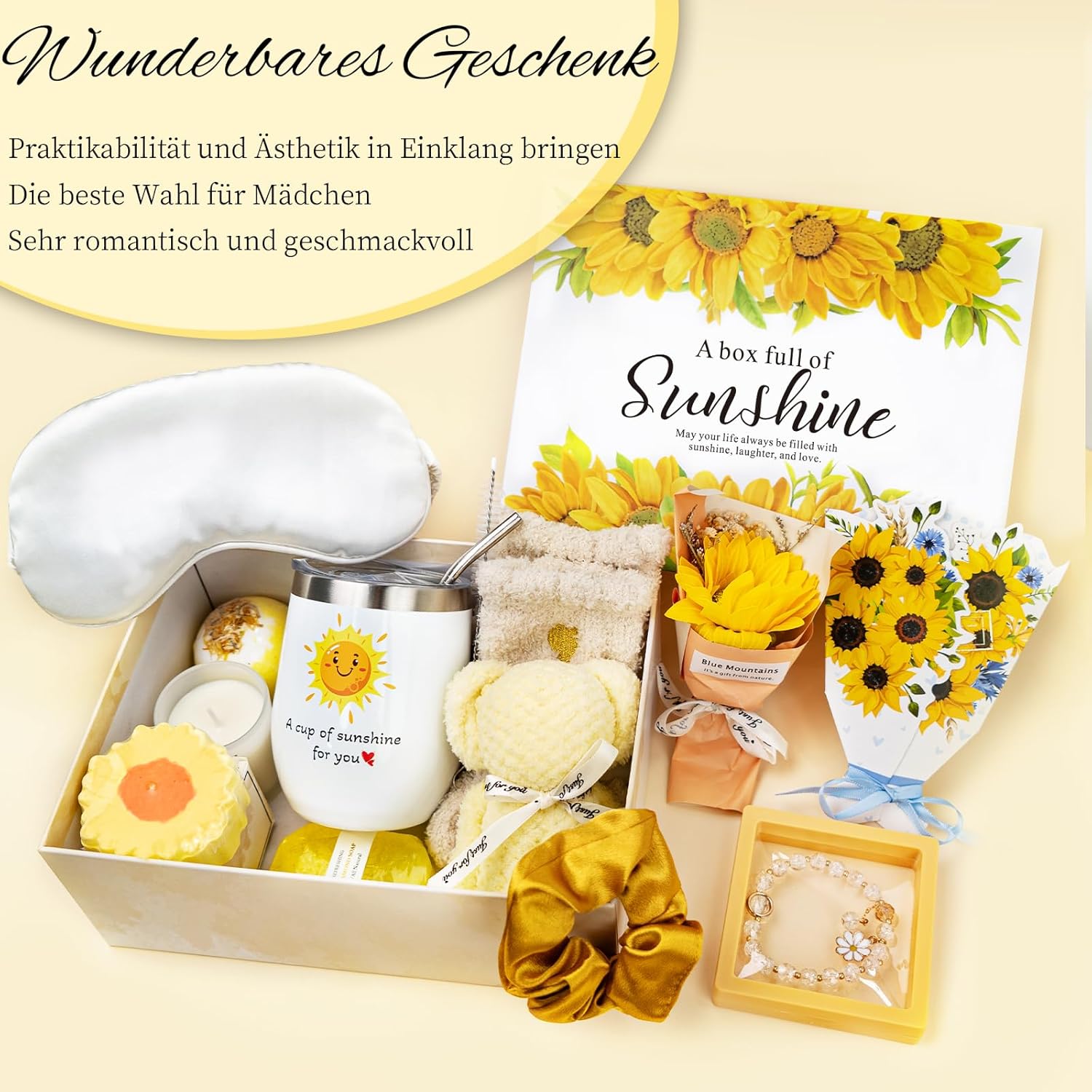 Geburtstags-Präsentkörbe - Geburtstagsgeschenke für Frauen, Sonnenblumen-Selbstpflegepaket, Geschenk für Freundin zum Geburtstag, Genesungsgeschenke für Frauen, Schwester, Mutter, beste Freunde, einzigartiger Entspannungs-Spa-Korb – Bild 7