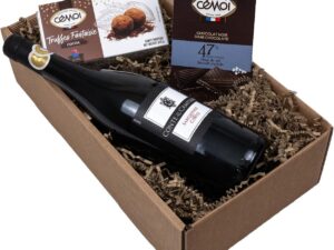 Wein-Präsentkörbe – Der Wine Guys Geschenkkorb „Gaumenfreude“ mit italienischem Rotwein Sangiovese und französischen Schokoladentrüffeln und Milchschokolade als Geschenkset