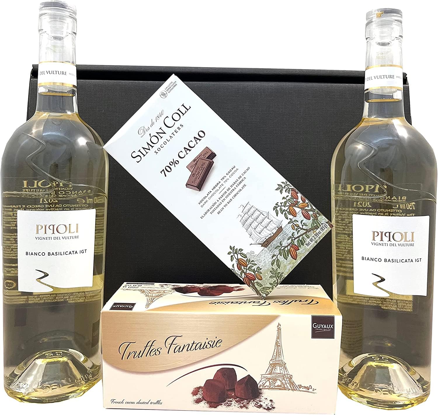 Wein-Präsentkörbe - Geschenkset 2 x Weißwein aus Italien (Pipoli Bianco Basilicata IGP) mit Schokoladentrüffeln und dunkler Schokolade | 2 x 0,75 l – Bild 7