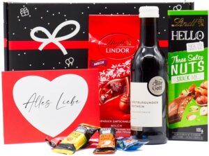 Wein-Präsentkörbe – Geschenkset „Wein & Schokolade“, Geschenkkorb gefüllt mit Rotwein, Lindt-Pralinen, Schokolade & Grußkarte, Geschenkkorb für Männer und Frauen zum Geburtstag, Dankeschön