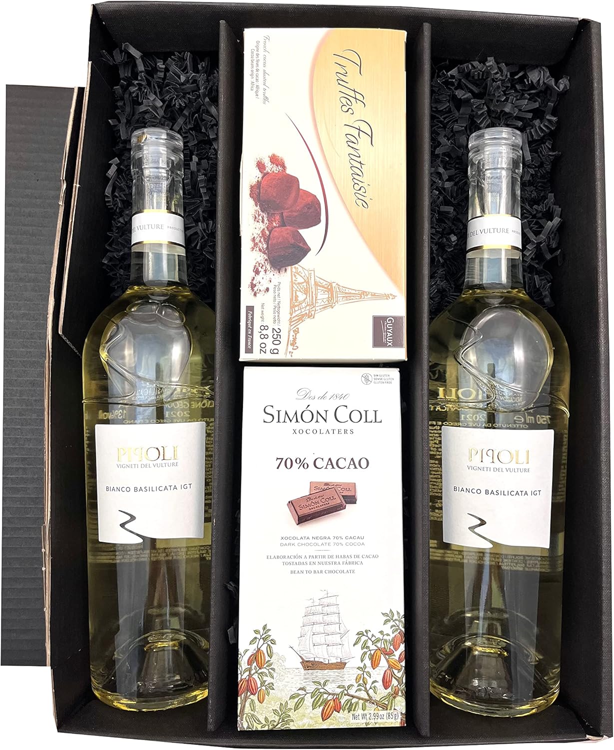 Wein-Präsentkörbe - Geschenkset 2 x Weißwein aus Italien (Pipoli Bianco Basilicata IGP) mit Schokoladentrüffeln und dunkler Schokolade | 2 x 0,75 l – Bild 4