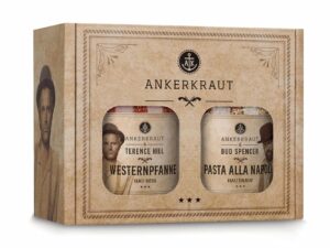 Geburtstags-Präsentkörbe – Ankerkraut Bud Spencer & Terence Hill Bagaluten-Gewürzbox mit Westernpfanne und Pasta alla Napoli-Geschenkset, köstliches Kochen, 195 g Gewürze, Inhalt