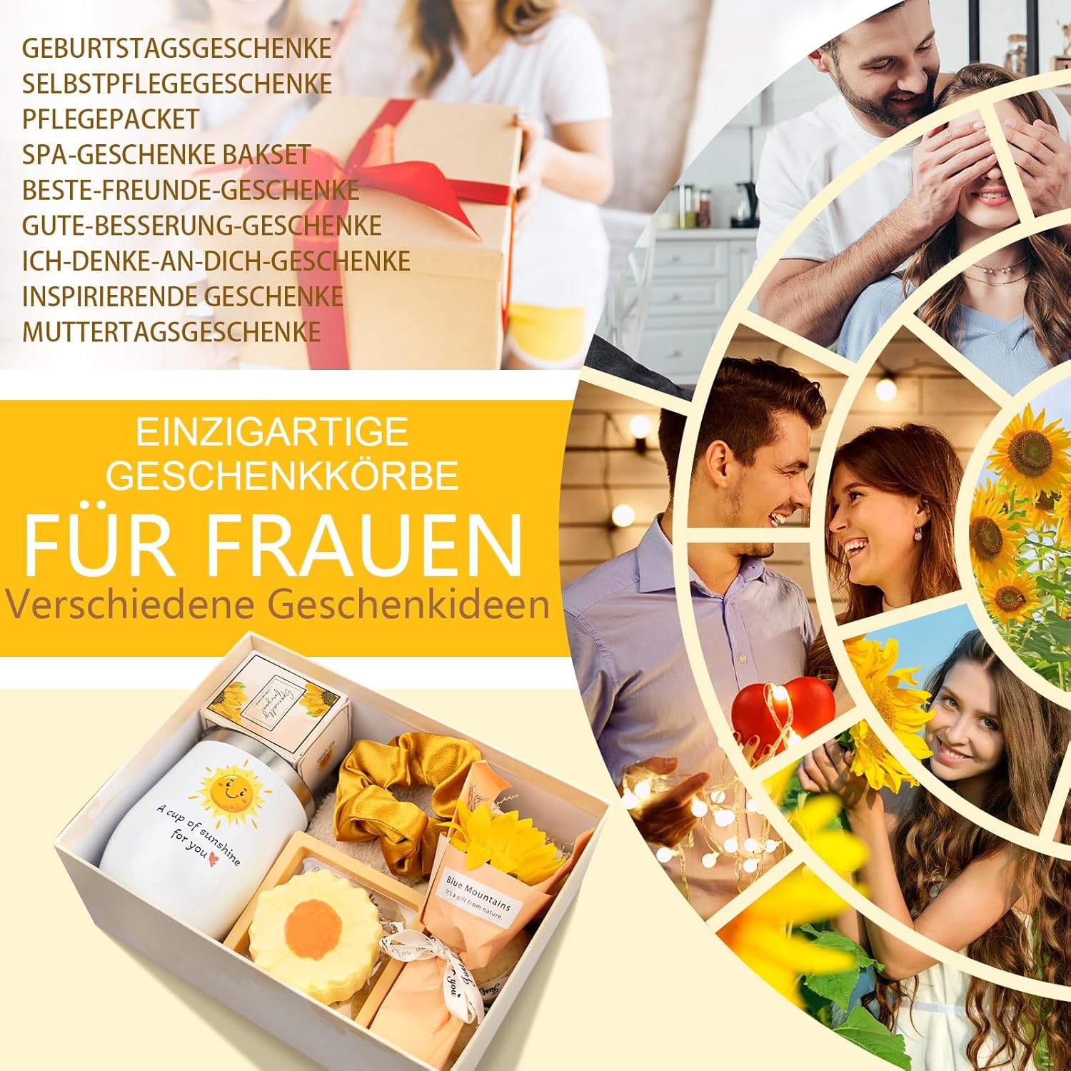 Geburtstags-Präsentkörbe - Geburtstagsgeschenke für Frauen, Sonnenblumen-Selbstpflegepaket, Geschenk für Freundin zum Geburtstag, Genesungsgeschenke für Frauen, Schwester, Mutter, beste Freunde, einzigartiger Entspannungs-Spa-Korb – Bild 3