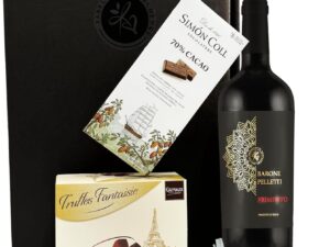 Wein-Präsentkörbe – Rotwein-Geschenkset mit Schokoladentrüffeln und dunkler Schokolade