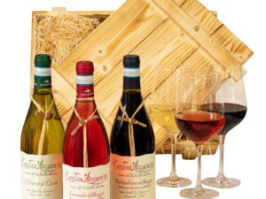Wein-Präsentkörbe – Abruzzen-Geschenkset, Weinset mit Holzkiste und 3 hervorragenden Weinen (Rot, Weiß, Rose) aus Italien, gefüllter Wein-Geschenkkorb für Weinliebhaber, italienische Geschenkbox für Männer und Frauen