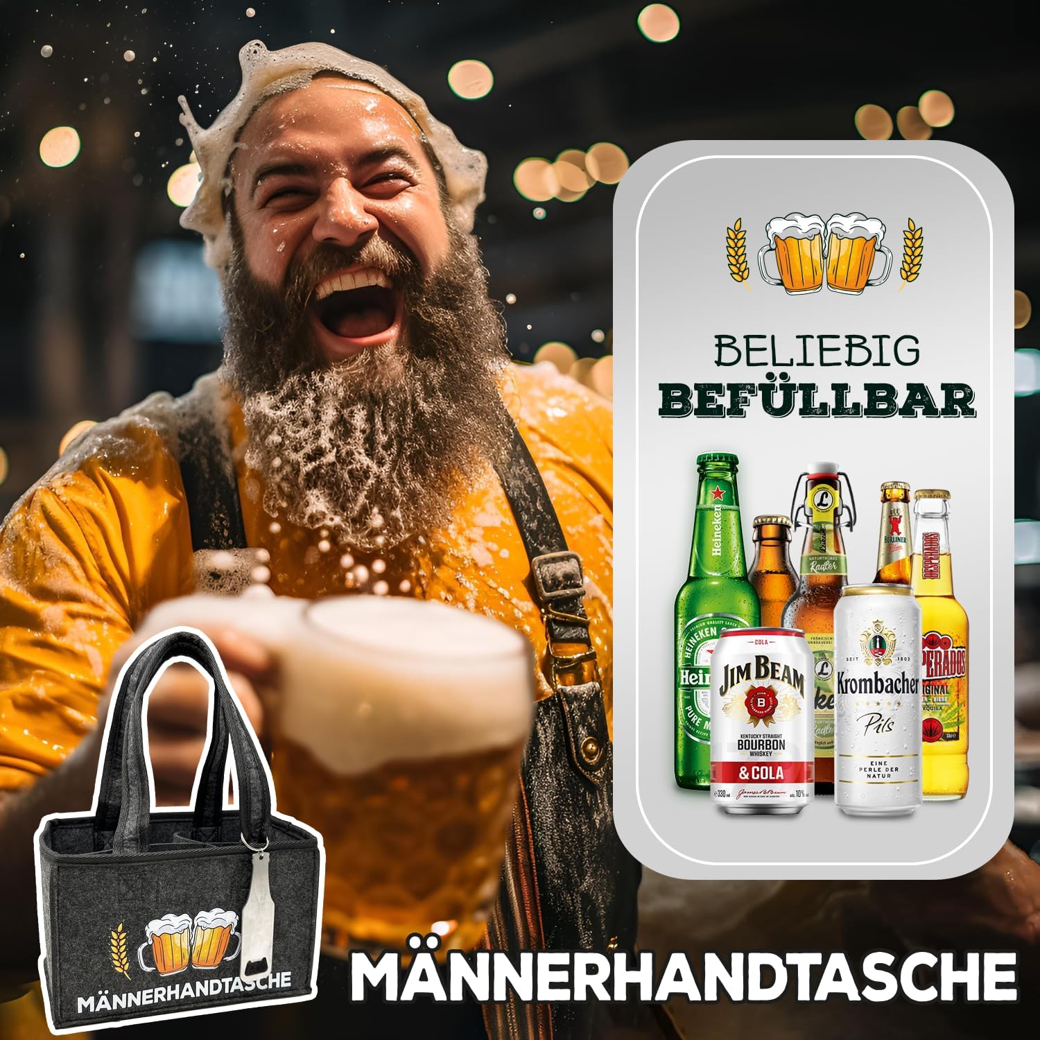 Bier-Präsentkörbe - Witzige Herrenhandtasche mit Flaschenöffner, Tragetasche aus hochwertigem Filz für 6 Bierflaschen, Bier-Herrenhandtasche in Grau – Bild 5