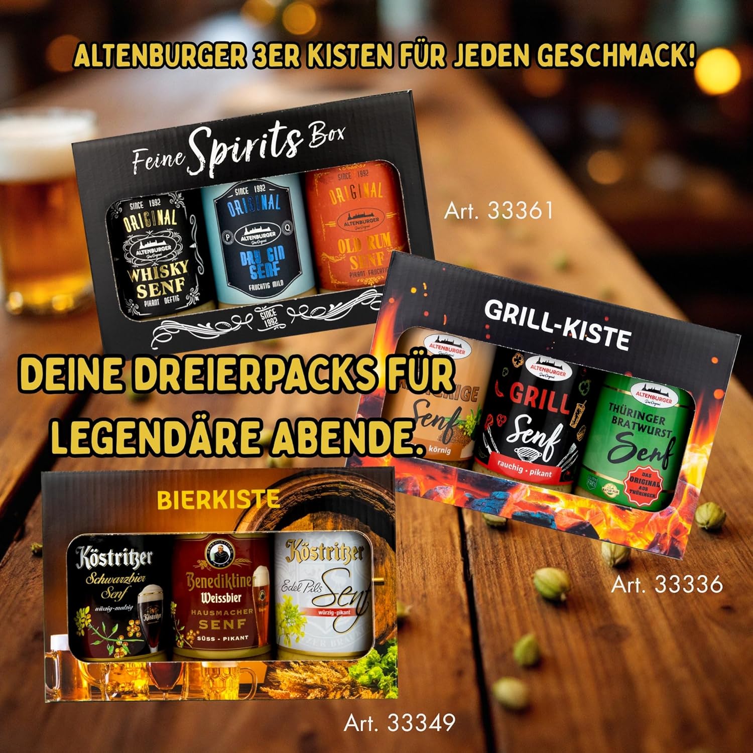 Bier-Präsentkörbe - Altenburger Original Bierkiste - Drei Senfsorten verfeinert mit Bier als Geschenkset (3-teilig), Geschenkbox für Männer und Frauen – Bild 3