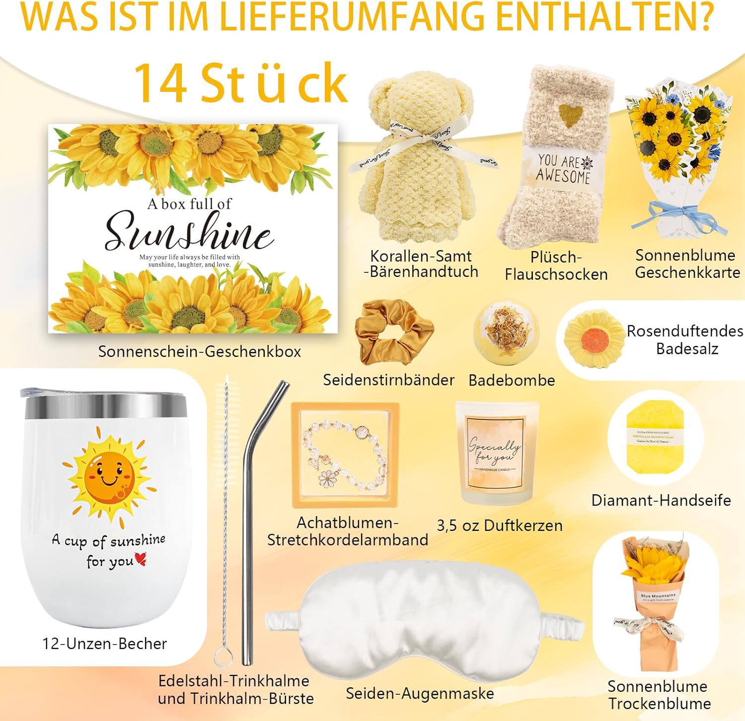 Geburtstags-Präsentkörbe - Geburtstagsgeschenke für Frauen, Sonnenblumen-Selbstpflegepaket, Geschenk für Freundin zum Geburtstag, Genesungsgeschenke für Frauen, Schwester, Mutter, beste Freunde, einzigartiger Entspannungs-Spa-Korb – Bild 2