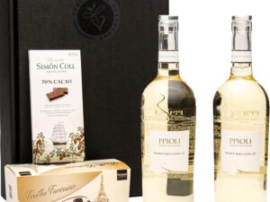 Wein-Präsentkörbe – Geschenkset 2 x Weißwein aus Italien (Pipoli Bianco Basilicata IGP) mit Schokoladentrüffeln und dunkler Schokolade | 2 x 0,75 l