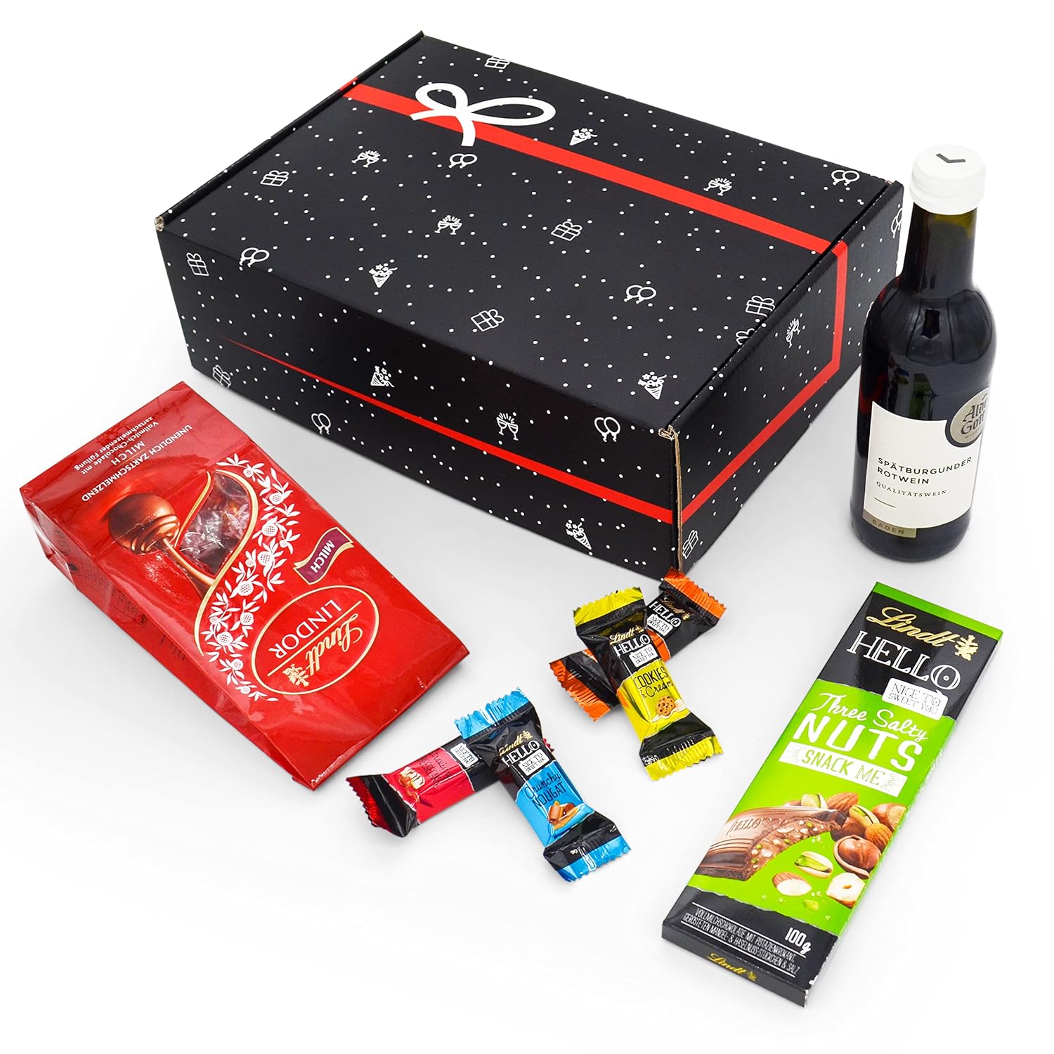 Wein-Präsentkörbe - Geschenkset „Wein & Schokolade“, Geschenkkorb mit Rotwein & Lindt-Pralinen, gefüllter Geschenkkorb für Damen und Herren – Bild 2