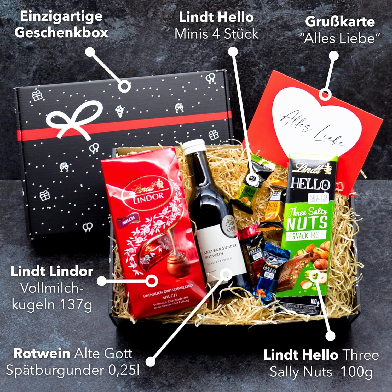Wein-Präsentkörbe - Geschenkset „Wein & Schokolade“, Geschenkkorb gefüllt mit Rotwein, Lindt-Pralinen, Schokolade & Grußkarte, Geschenkkorb für Männer und Frauen zum Geburtstag, Dankeschön – Bild 3