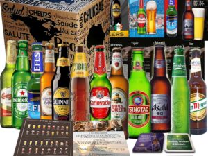 Bier-Präsentkörbe – 12 x Beer in the World, Gift Idea for Birthday, Gift Box + Tasting Instructions + 12 x Product Information + 4 Beer Mats Gift for Men’s Birthday