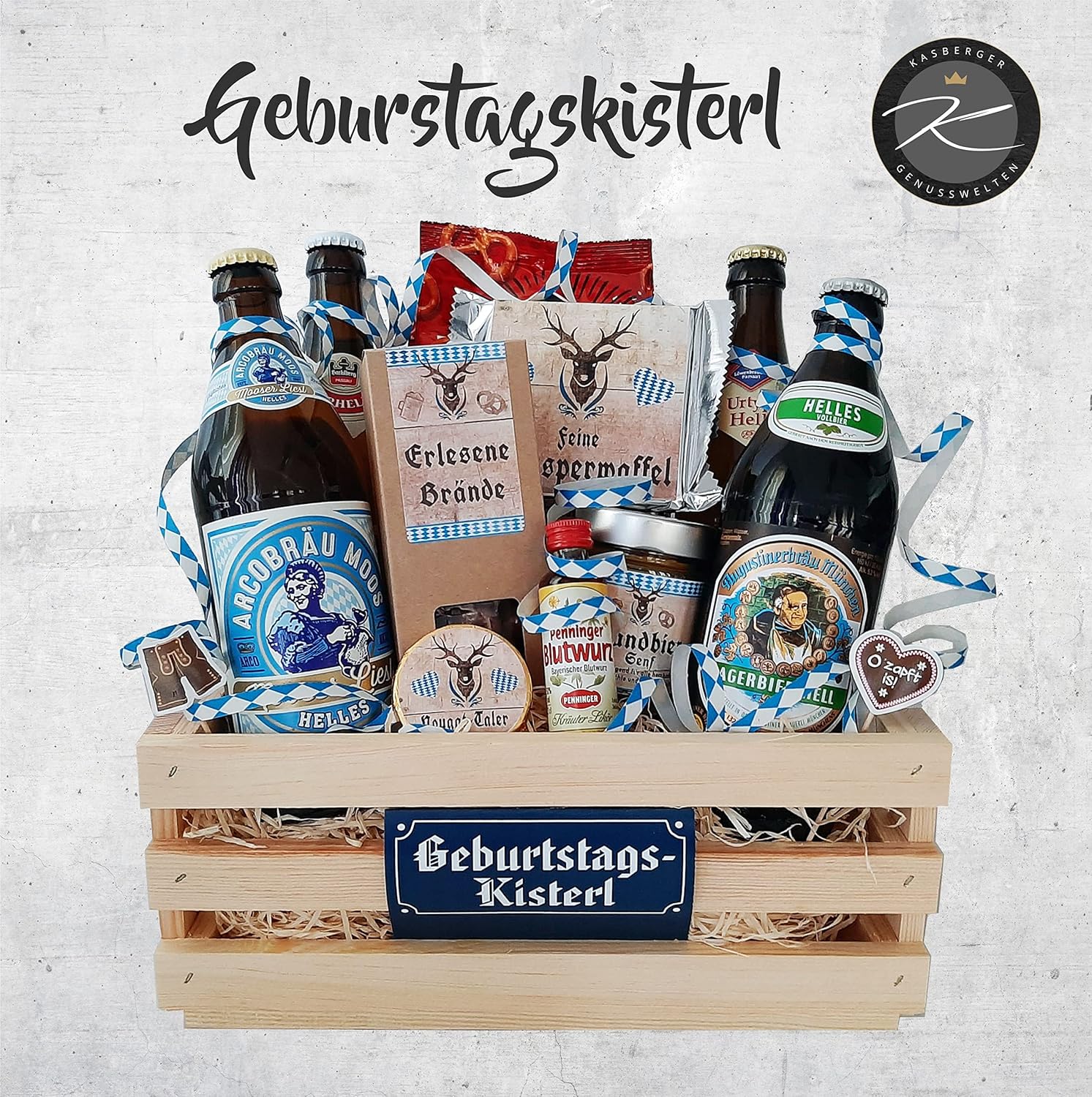 Bier-Präsentkörbe - Bayerisches Geburtstagsgeschenk mit Bier, Schnaps, Senf und Knabberartikeln, das perfekte Geschenk für Männer (Geburtstagszisterl Männer) – Bild 2