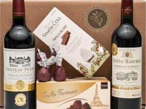 Wein-Präsentkörbe – Geschenkset „French Delights“, mit trockenem französischen Rotwein (Bordeaux), Schokoladentrüffel, dunkler Schokolade, 2 x Feigen in Schokolade, Geschenkkorb für Männer und Frauen