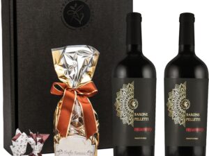 Wein-Präsentkörbe – Primitivo Barone Pelletti Rotwein-Geschenkset mit Schokoladentrüffeln & Feigen in Schokolade, Geschenkkorb, Wein & Schokolade, edles Geschenk für Genießer, Männer & Frauen, Geburtstag, Weihnachten
