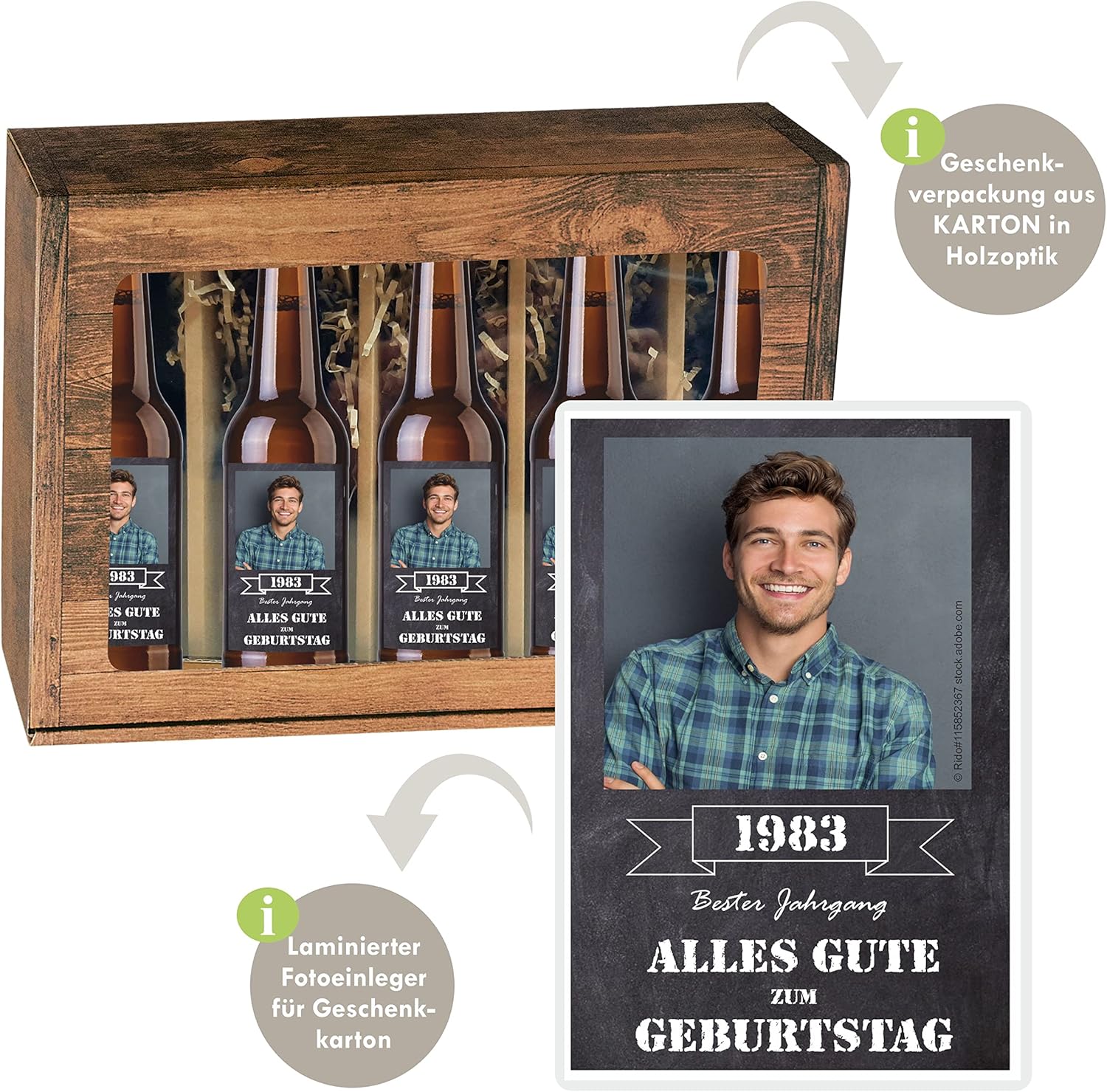 Bier-Präsentkörbe - Personalisiertes Bier mit Wunschtext und Foto | 5 x 0,33 l Dinkelbier als Geschenkset | Persönliche Geschenkbox zum Geburtstag oder Vatertag/Männertag (Geschenkbox mit 5 Fl., Schieferoptik) – Bild 2