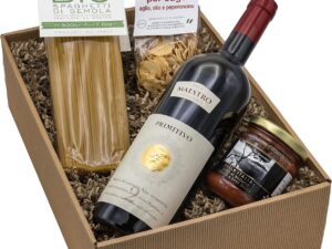 Wein-Präsentkörbe – The Wine Guys The Wine Guys Geschenkset „Pasta Love“ Geschenkkorb mit Spaghetti di Semola, Gewürzmischung, Tomatensauce und Primitivo