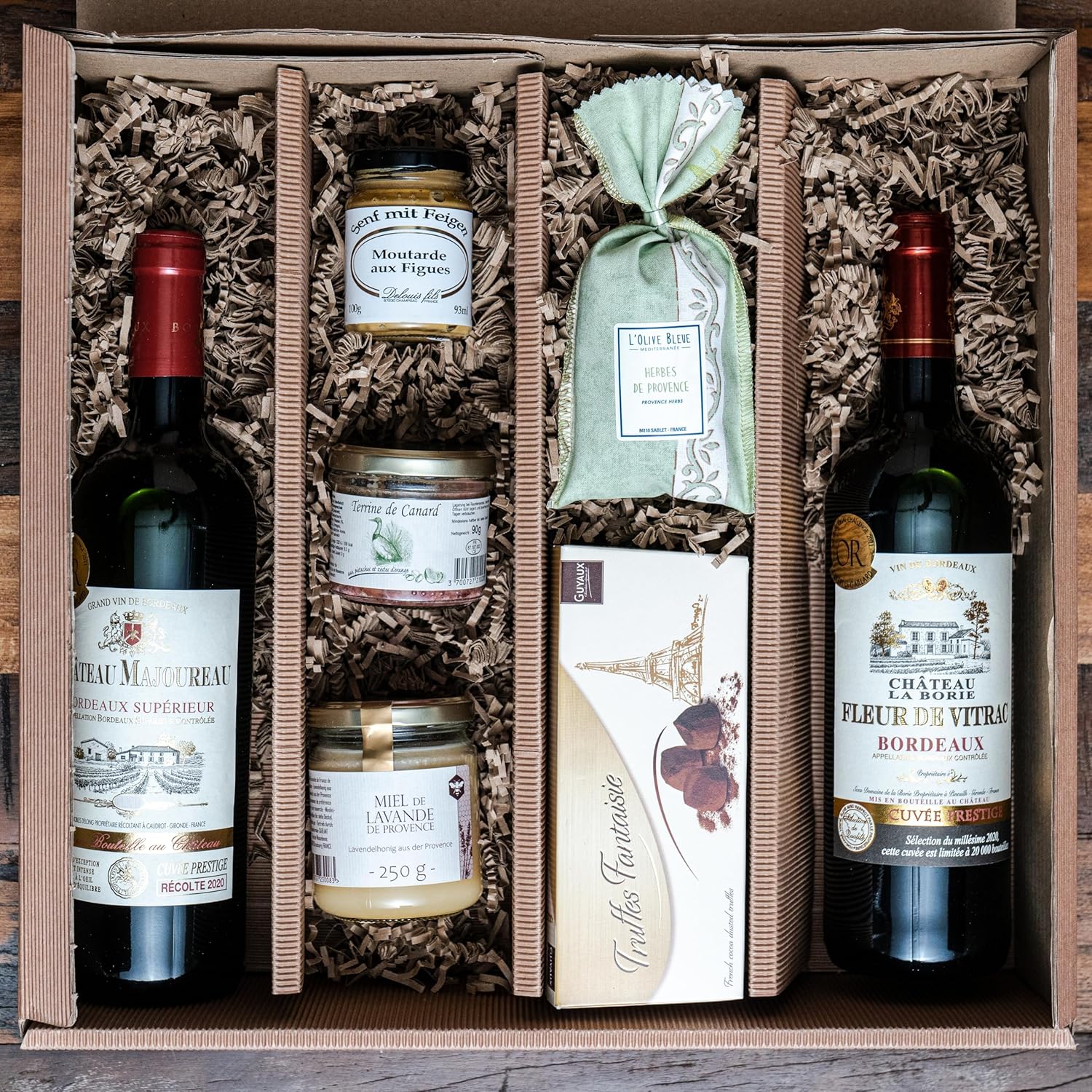 Wein-Präsentkörbe - Geschenkkorb Frankreich mit Rotwein (Bordeaux) und französischen Köstlichkeiten in schöner Geschenkverpackung | Ein Geschenk für Männer und Frauen mit köstlichen Delikatessen aus Frankreich – Bild 4