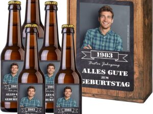 Bier-Präsentkörbe – Personalisiertes Bier mit Wunschtext und Foto | 5 x 0,33 l Dinkelbier als Geschenkset | Persönliche Geschenkbox zum Geburtstag oder Vatertag/Männertag (Geschenkbox mit 5 Fl., Schieferoptik)