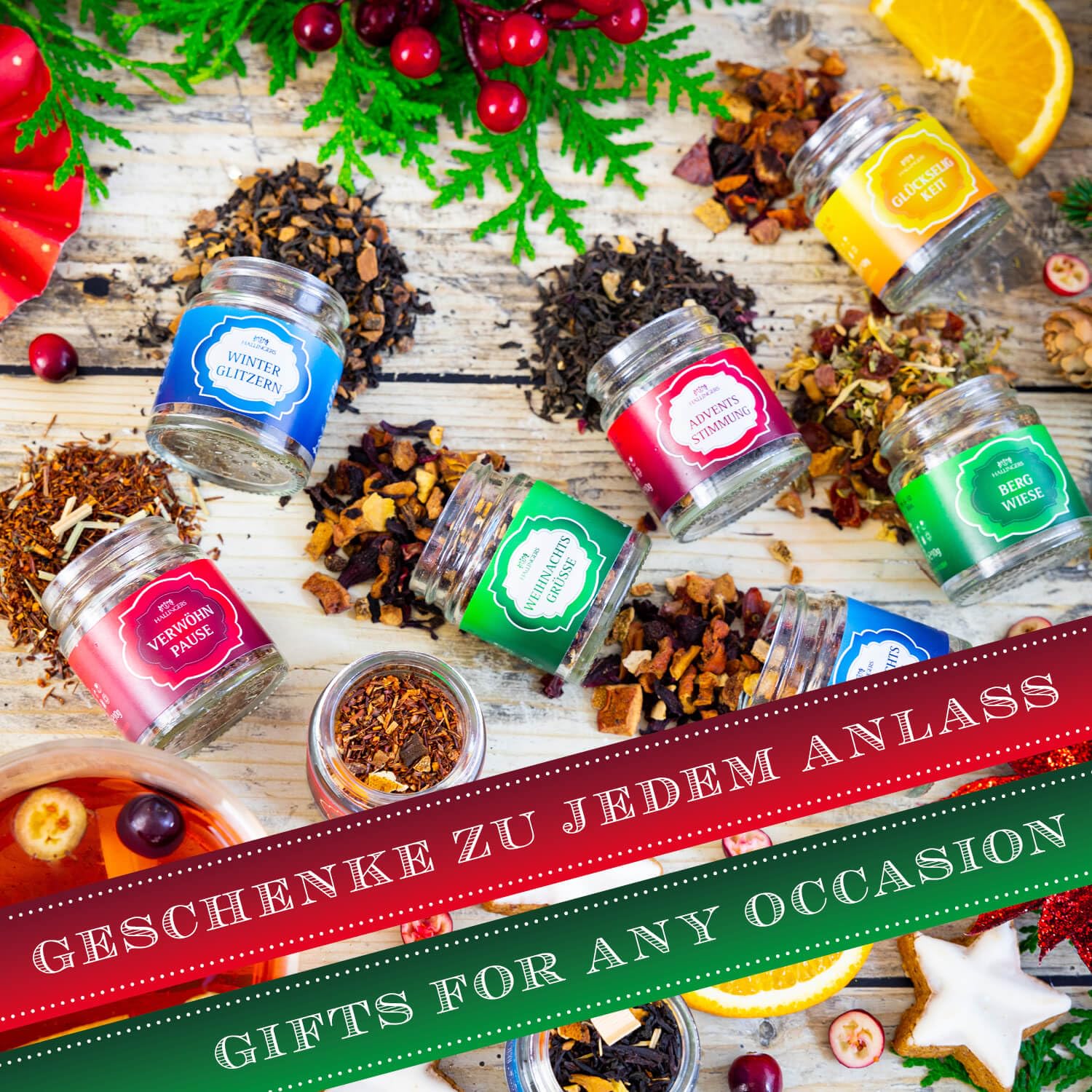 Wein-Präsentkörbe - Hallingers Genuss Manufaktur Tee-Geschenkset Weihnachten – 12 Sorten Premium loser Tee im Glas in edler Geschenkbox, vegan & glutenfrei, Tee-Set „Weihnachtsgruß“ Probierset, Geschenkidee für Frauen – Bild 4
