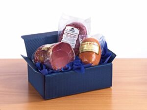 Wurst-Präsentkörbe – Klein + Fein Präsent Nr. 47 | Nussschinken, mit heller Buchenholznote, streichfähige Aalrauch-Mettwurst, Drögt-Fleischwurst im Ring, alles schön verpackt in Würfel-Geschenkbox