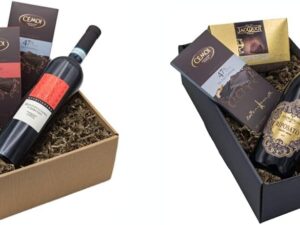 Wein-Präsentkörbe – Geschenkkorb „Genussbox“ mit Wein und Schokolade in einer Geschenkbox, italienischem Rotwein Montepulciano d’Abruzzo und Geschenkkorb „Sense Magic“