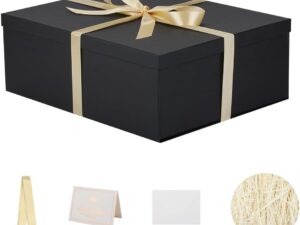 Geburtstags-Präsentkörbe – Geschenkbox mit Deckel 42 x 32 x 15,5 cm XXL, Geschenkbox mit Schleifen, Grußkarten, Bastkorbschnitzel für Schwarz