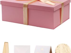 Geburtstags-Präsentkörbe – Geschenkbox mit Deckel 31 x 21 x 11 cm, Geschenkbox mit Schleifen, Grußkarten, Bastkorbschnitzel für Rosa