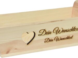 Geburtstags-Präsentkörbe – Geschenkkorb mit Henkeln, personalisierter Text mit Herz, 35 x 11 x 13 cm, Geschenkidee aus Holz, Holzkiste, Hochzeit, Geburtstag, Ruhestand, personalisiert