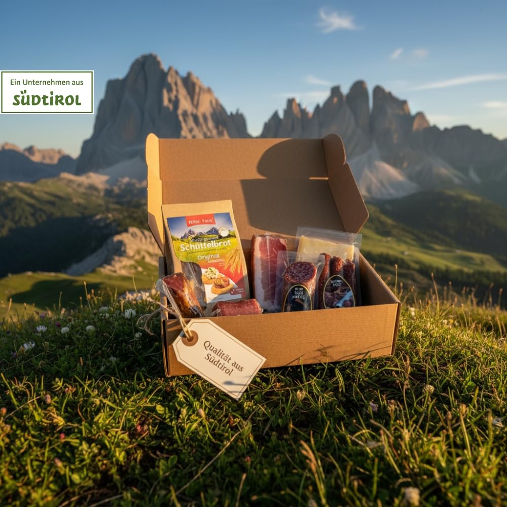 Wurst-Präsentkörbe - Südtirolwelt – Südtiroler Geschenkbox mit 7 Spezialitäten – Geschenkkorb mit Speck, Käse, Streubrot & Salami – Genussgeschenk für Geburtstag, Weihnachten, Männer & Frauen – Bild 4