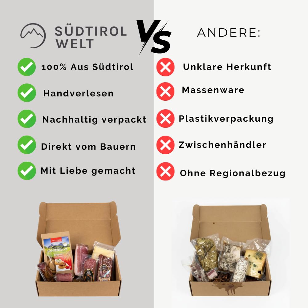 Wurst-Präsentkörbe - Südtirolwelt – Südtiroler Geschenkbox mit 7 Spezialitäten – Geschenkkorb mit Speck, Käse, Streubrot & Salami – Genussgeschenk für Geburtstag, Weihnachten, Männer & Frauen – Bild 5