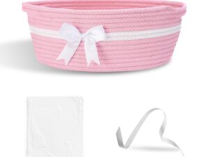 Geburtstags-Präsentkörbe – Rosa Geschenkkörbe, Babykorb, Korb aus gewebtem Baumwollseil, Geschenkkorb, Korbset mit Geschenktüten und Bändern, rosa Korb mit Griffen für Babyparty, Hochzeit, Geburtstag, 30 x 20 x 14 cm