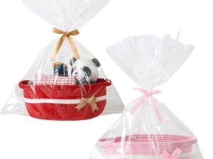 Geburtstags-Präsentkörbe – PandaEar Packung mit 2 kleinen geflochtenen Körben – Geschenkkorb aus Baumwollseil mit transparenter Tasche und Satinband – wiederverwendbarer Aufbewahrungskorb für Babyparty, Geburtstag, Feiertage – Rot und Rosa, 30 x 20 cm