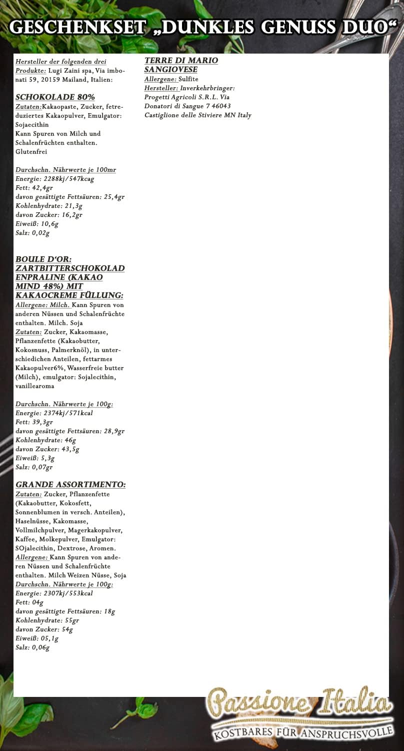 Wein-Präsentkörbe - Elegantes Geschenkset Dunkler Genuss Duo Wein, Pralinen mit Terre di Mario Rotwein und italienische Schokoladenspezialitäten – Bild 6