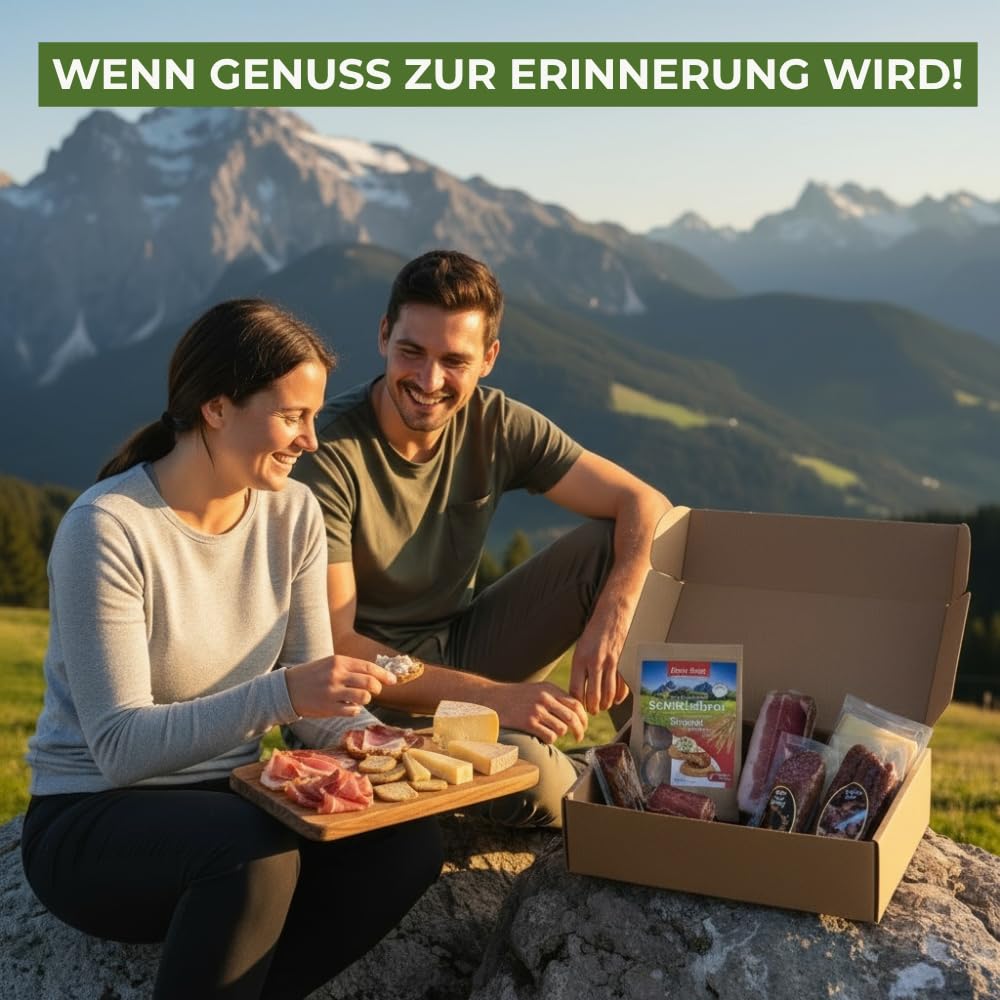 Wurst-Präsentkörbe - Südtirolwelt – Südtiroler Geschenkbox mit 7 Spezialitäten – Geschenkkorb mit Speck, Käse, Streubrot & Salami – Genussgeschenk für Geburtstag, Weihnachten, Männer & Frauen – Bild 3