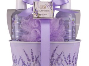 Geburtstags-Präsentkörbe – Accentra Damen-Duschset Lavendel in schöner Metallbox – 4-teiliges Pflegeset mit Duschgel, Bodylotion, Schaumbad & Mesh-Schwamm – Wellness-Geschenkset für Geburtstag, Valentinstag