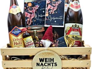 Wurst-Präsentkörbe – Geschenkset „Weihnachtsschwesterl klein“ – Rustikales Holzpräsent mit Bier, Leberwurst, Mandeln, Waffeln & Blutwurz – Genusswelten Kasberger Weihnachtsgeschenk