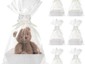 Wein-Präsentkörbe – 6 Stück Geschenkkörbe, leerer Karton, Geschenkkörbe mit Henkel, große Geschenkbox mit Schleifen und Zellophantüten, Geschenkkörbe für Geburtstag, Hochzeit, Weihnachten, Valentinstag, 25 x 17 x 9 cm (weiß)