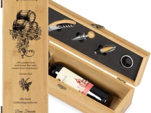 Wein-Präsentkörbe – Maverton Weinkiste für 0,7 L Weinflasche – Wein Holzkiste personalisiert + 4 Weinzubehör – Weinset Weinkiste – aus Bambus – Weihnachtsgeschenke – Braun – Geburtstagsgeschenk für Frauen – Traube