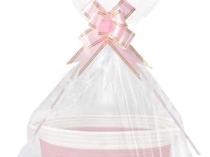 Geburtstags-Präsentkörbe – Leerer Geschenkkorb, Aufbewahrungskorb, geflochtener Korb für Geschenke mit Geschenktüten und Bändern, leerer Geschenkkorb für Geburtstag, Hochzeit, Babyparty, Erntedankfest, Weihnachten (Rosa und Weiß)