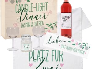 Wein-Präsentkörbe – Herz & Heim® Geschenkkorb mit Wein und Schokolade in einer Geschenkbox/Duftkerze, Weingläsern und Geschirrtuch als Geschenk-Picknick-Set weiß, Candle-Light-Dinner to Go