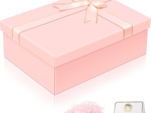 Geburtstags-Präsentkörbe – VINATO Geschenkbox mit Deckel 25 x 18 x 8,5 cm, faltbare Geschenkbox mit Deckel mit Schleife, Grußkarte & Bast, für Geburtstag, Valentinstag, Muttertag, Vatertag & Weihnachten, rosa