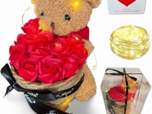 Geburtstags-Präsentkörbe – Luxuriöser Teddybär mit ewigen Rosen im Geschenkkorb – perfektes romantisches Geschenk für Frau, Freundin, Haare – Valentinstag, Geburtstag und Hochzeit