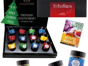 Wein-Präsentkörbe – Hallingers Genuss Manufaktur Tee-Geschenkset Weihnachten – 12 Sorten Premium loser Tee im Glas in edler Geschenkbox, vegan & glutenfrei, Tee-Set „Weihnachtsgruß“ Probierset, Geschenkidee für Frauen